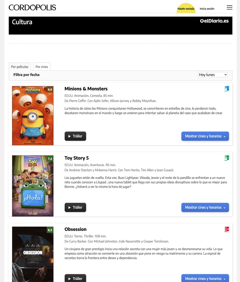 Widget de Cartelera Cines integrado en la web de Cordópolis (eldiario.es)